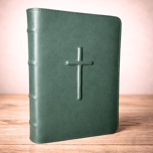 Biblia mare, coperta piele, verde inchis, fermoar, index, aurita, cruce in relief, cuv. lui Isus cu rosu [073 PFI]